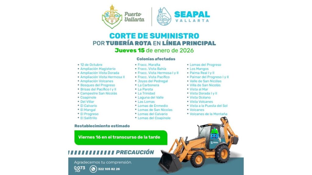 Atención: Corte de agua en la zona alta de El Pitillal por ruptura de línea principal.